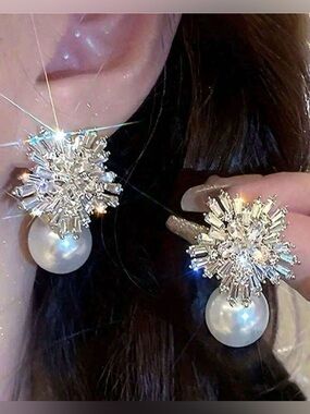 Elegant Silver Pearl Drop Snowflake Earrings - Women Jewelry